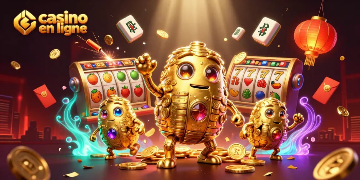 Jouez au casino en ligne avec un golem en or entouré de symboles riches et de lanternes lumineuses.
