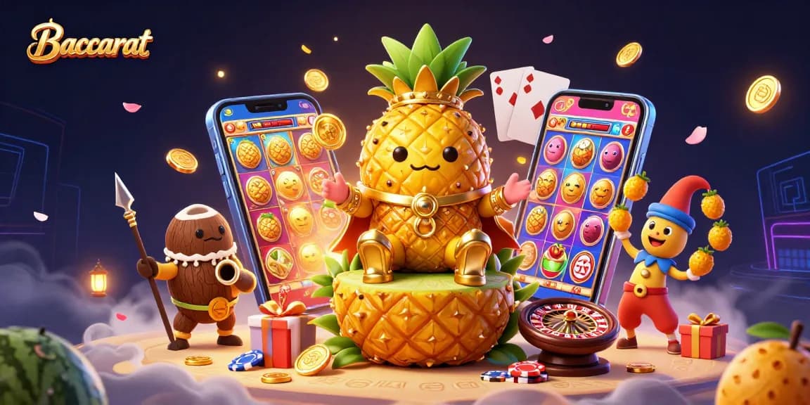 Baccarat game illustration featuring a pineapple king and vibrant casino elements, showcasing exciting gameplay.