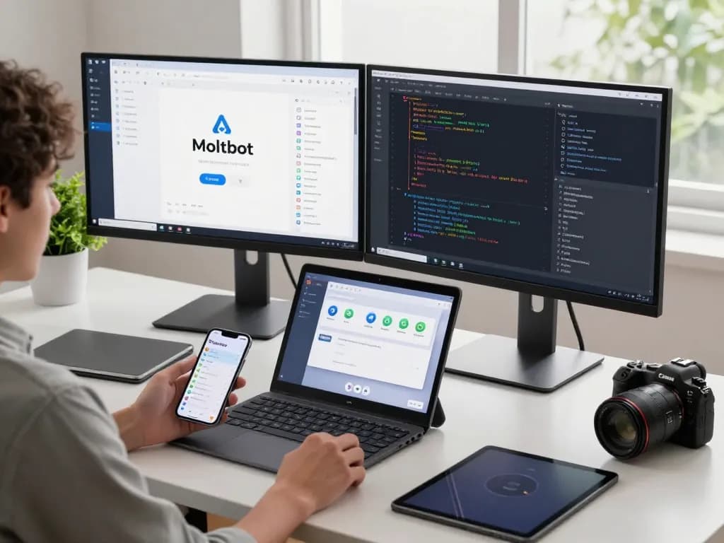 Moltbot AI assistant workspace with dual monitors and integration apps, showcasing productivity.