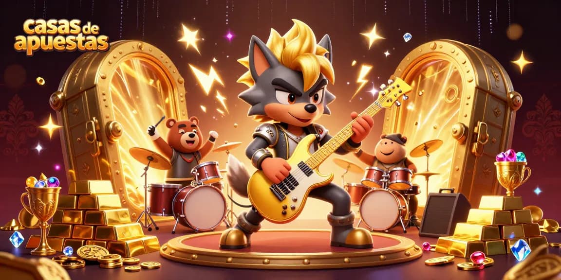 Apuesta en casas de apuestas con emoción, mientras un lobo rockero toca guitarra en un escenario lleno de tesoros.