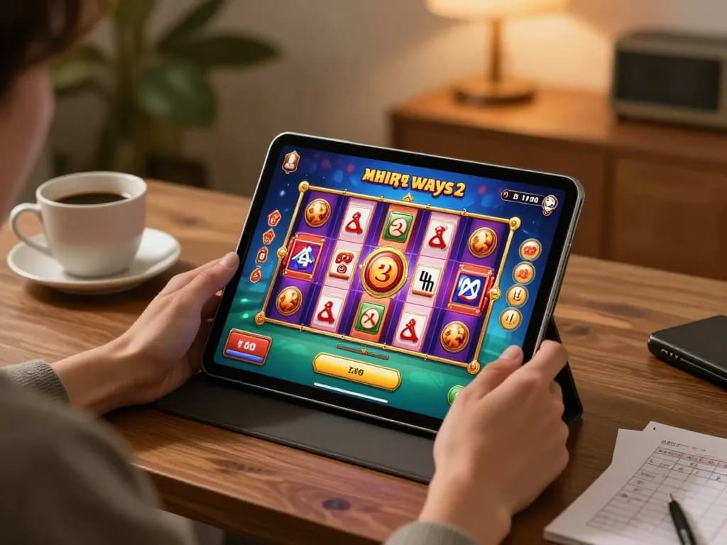 Engaged player enjoying Mahjong Ways 2 slot game on tablet in a cozy environment while employing strategic note-taking.