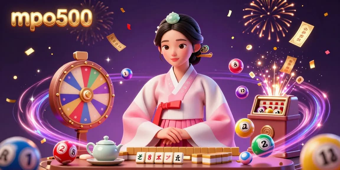Experience the excitement of mpo500 with vibrant lottery balls and a serene Asian woman amidst casino glamour.