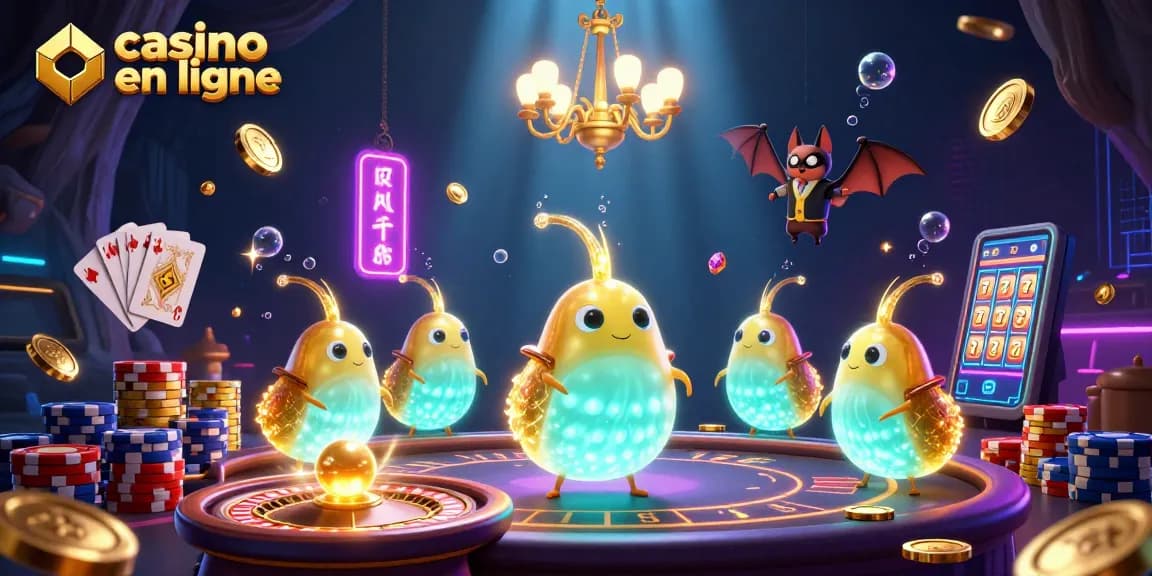 Jouez dans un casino en ligne avec un croupier de cartes et des vers luminescents illuminant l'ambiance.