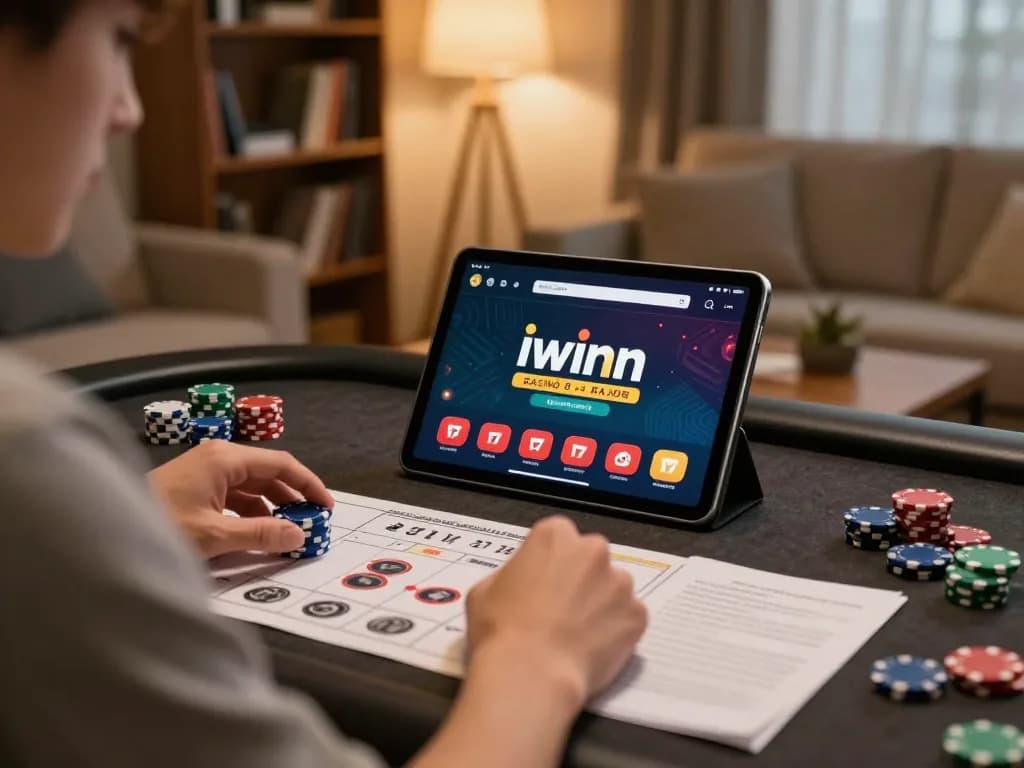 Playing iwinn on a tablet with chips and strategy notes in a cozy home setting.