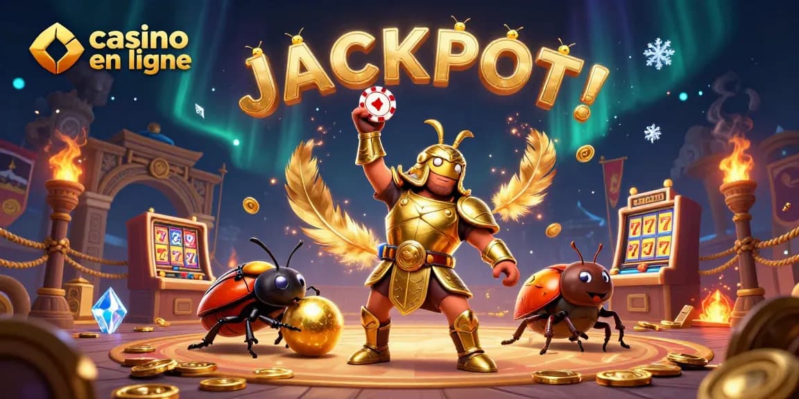 Faites sensation avec des jeux de casino en ligne qui coulent autour d'un scarabée en or levant une puce de poker.
