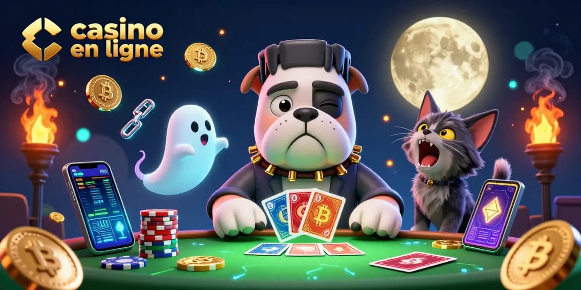 Dans une scène dynamique, un casino en ligne avec un bulldog Frankenstein distribuant des cartes et un chaton loup hurlant à la lune en or.