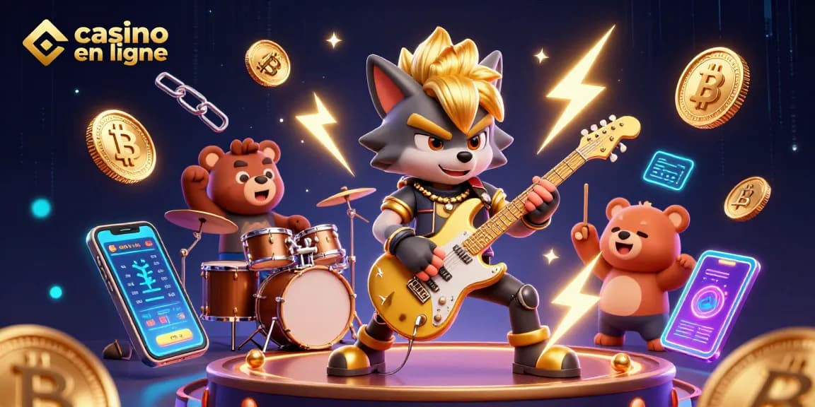 Profitez des jeux de casino en ligne avec une scène dynamique présentant un loup rock star et un ours batteur.
