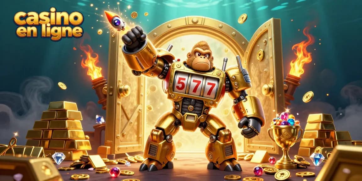 Visualisez un gorille mech en or dans un casino en ligne, avec coffre-fort débordant de richesses.