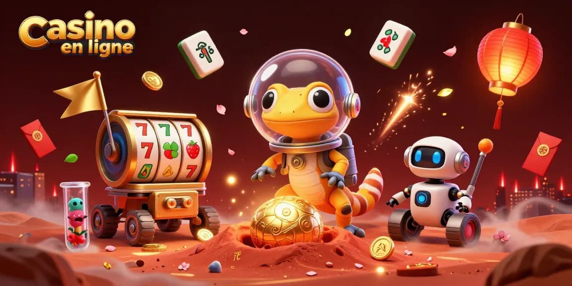 Casino en ligne : illustration d'un gecko martien découvrant un casino d'or dans le sable rouge.