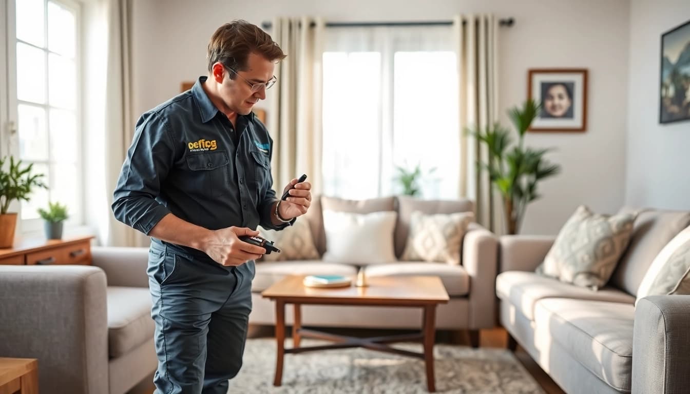 Bed bug company near me technician inspecting furniture in a cozy room for bed bugs.