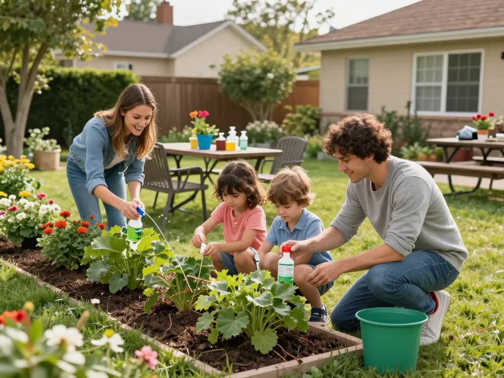 Pest prevention measures in a family backyard with kids learning safe pest control practices.
