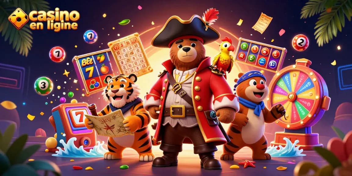 Vivez l'excitation du casino en ligne avec une scène riche en jeux et personnages animés.