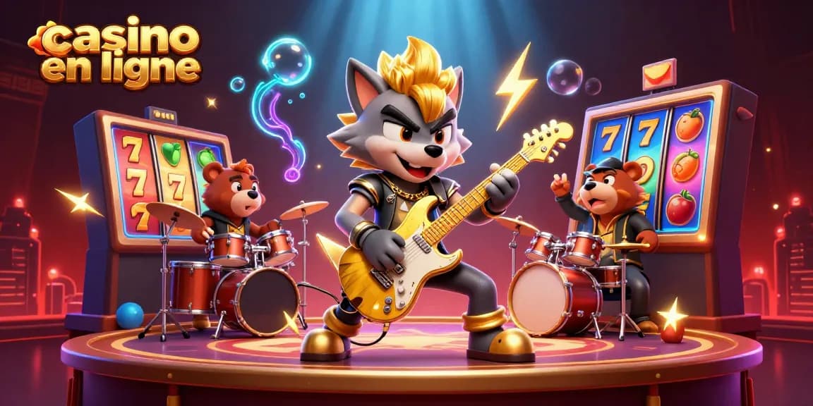 Profitez de l'animation de casino en ligne avec un loup rock star et un ours batteur sur scène.