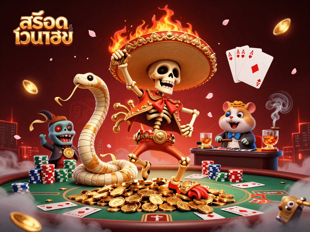Engage with สล็อตเว็บตรง as the mariachi rooster dances on gold coins, surrounded by vibrant casino elements.
