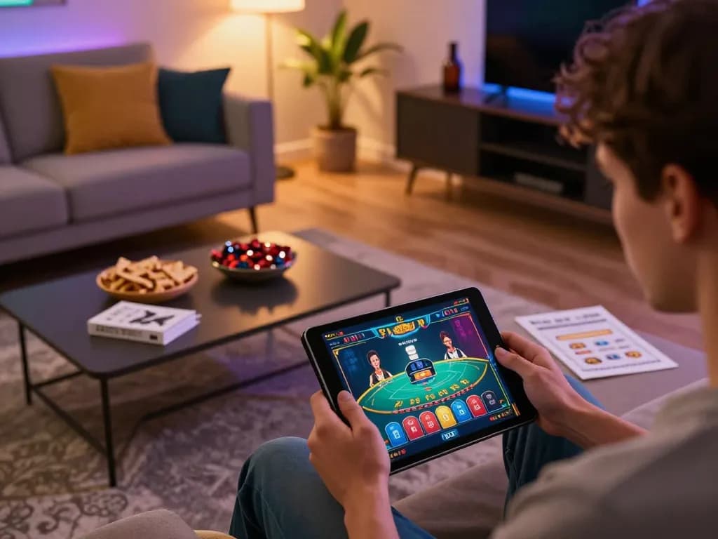 Person enjoying online casino gaming, exploring casino esteri che accettano italiani via tablet in a comfy setting