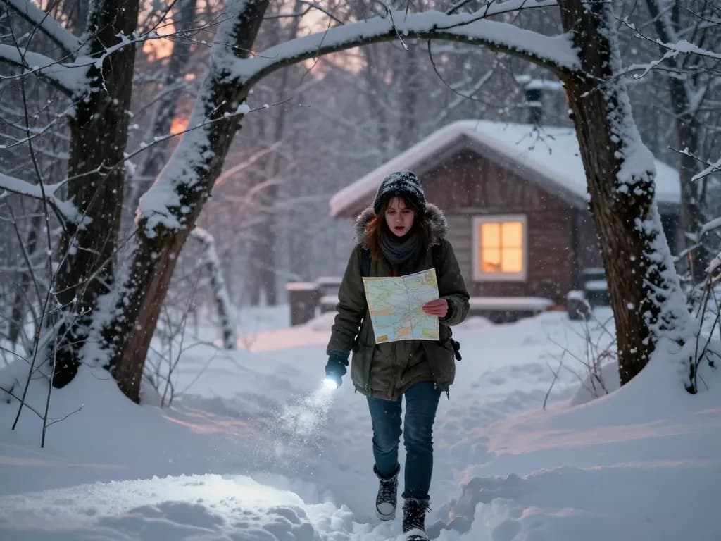 Woman lost in the Dead of Winter forest, facing a blizzard, searching for help.