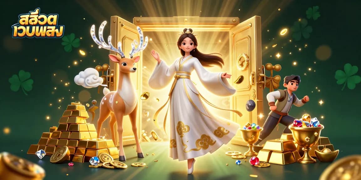 Experience สล็อตเว็บตรง with vibrant 3D illustration of winning moments amid golden treasures and gems.