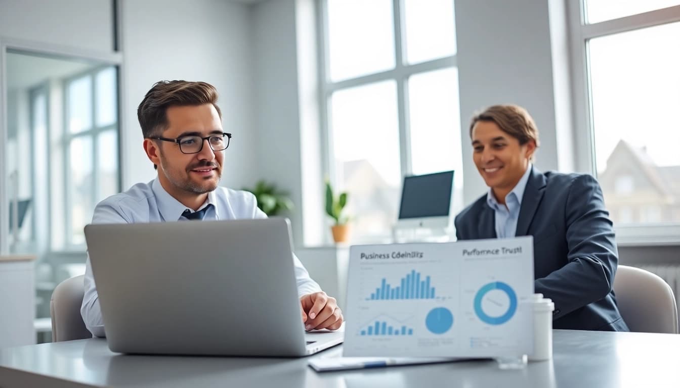 Dental business consultant advising in a modern office, enhancing practice insights.