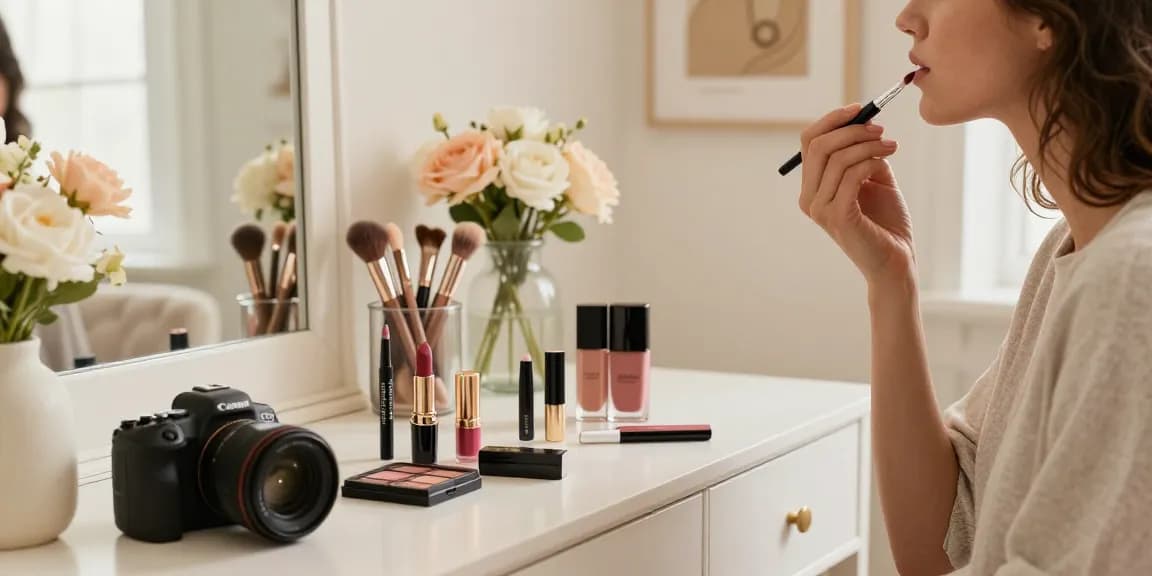 Beauty enthusiast using a lip blending brush to apply lipstick for a flawless finish while surrounded by Skone Cosmetics products.