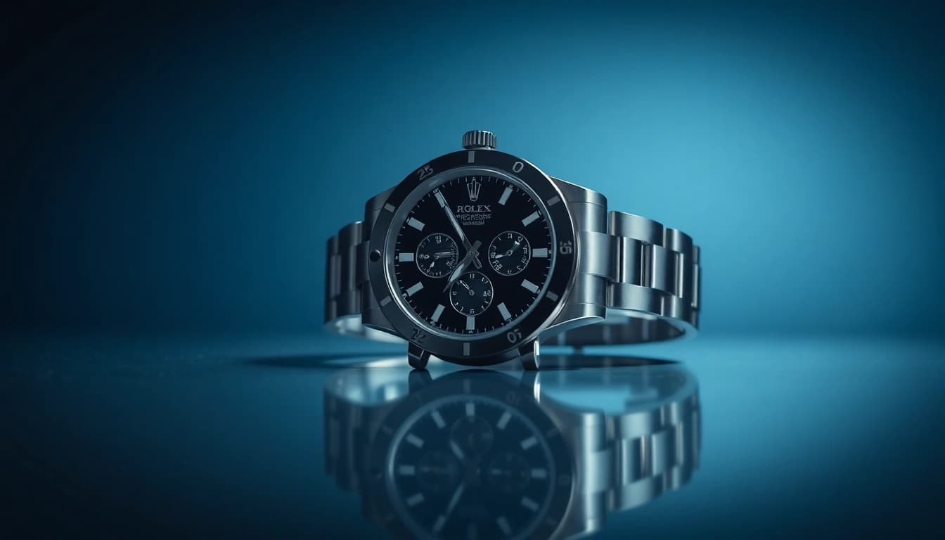 Showcase a luxury rolex replica watch highlighting its detailed craftsmanship and elegant design.