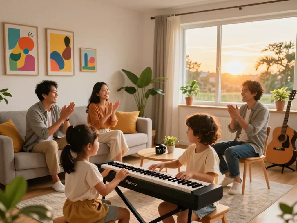 Family enjoying music with the go 88 digital piano in a warm living room.