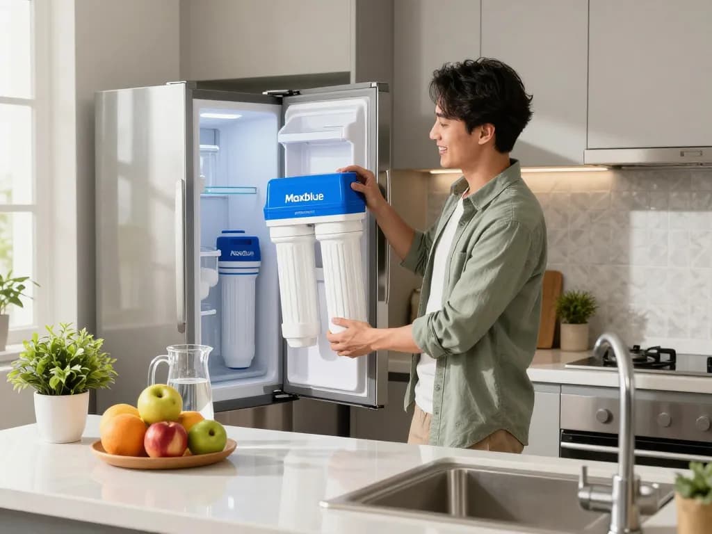 Homeowner joyfully replacing the Maxblue EDR1RXD1 Replacement for Everydrop® Filter 1 in a bright kitchen.