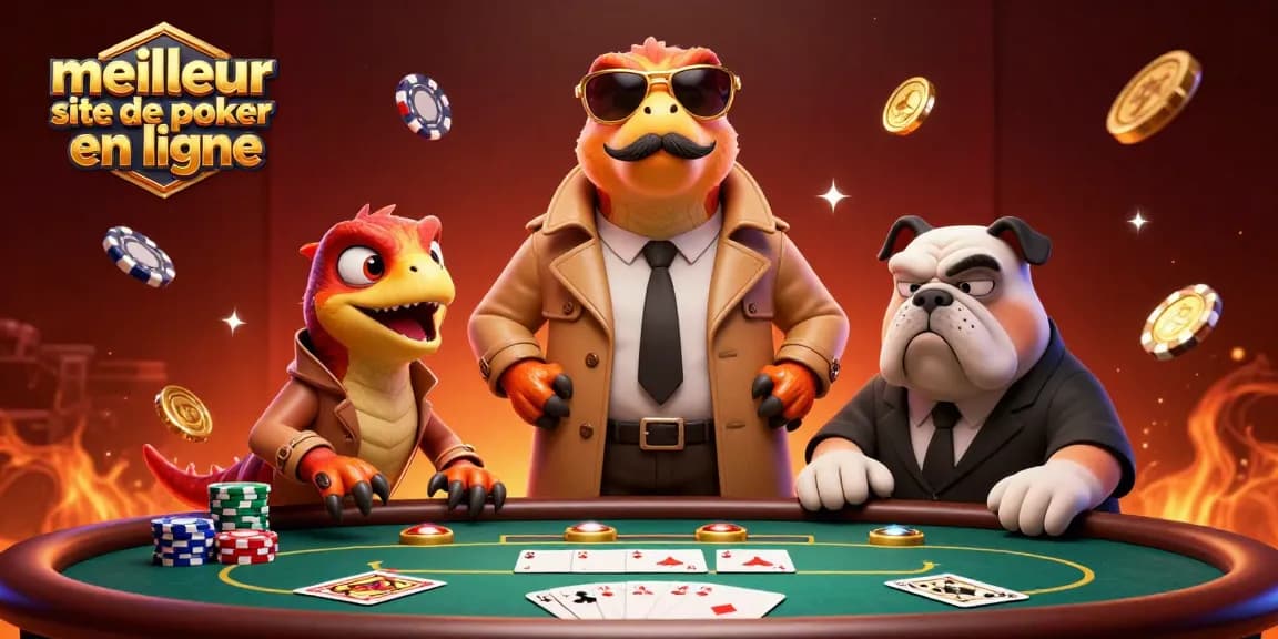 Visitez le meilleur site de poker en ligne, démontrant des raptors jouant au poker avec ambiance casino.