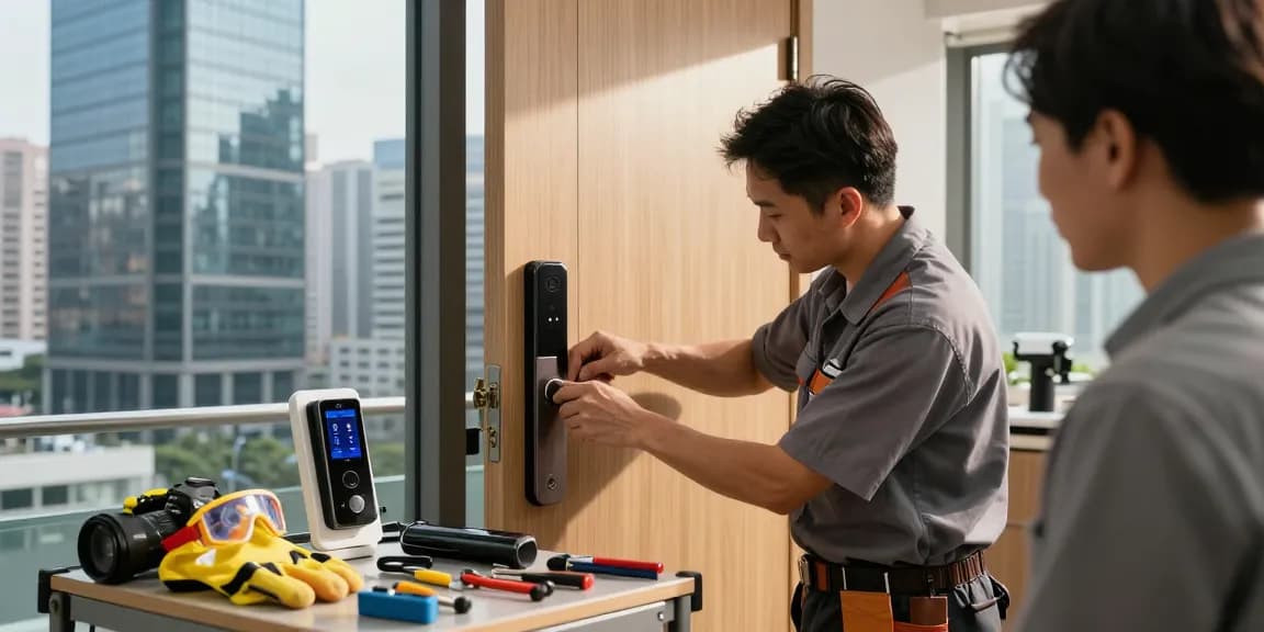 Expert locksmith services Hong Kong in action, replacing a door lock in a city setting.