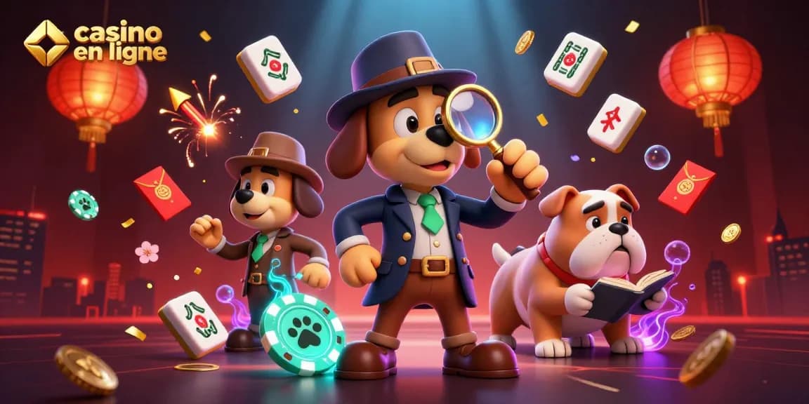 Explore les indices du casino en ligne avec un détective cartoon et ses accessoires colorés.