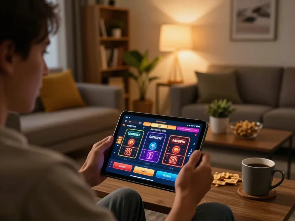 Person playing on non gamstop casinos tablet in a cozy home atmosphere