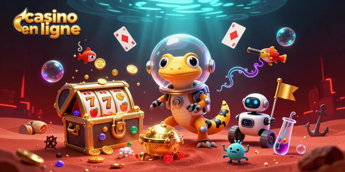 Vivez l'expérience des jeux au casino en ligne avec un gecko martien et un robot dans un décor de boues rouges.