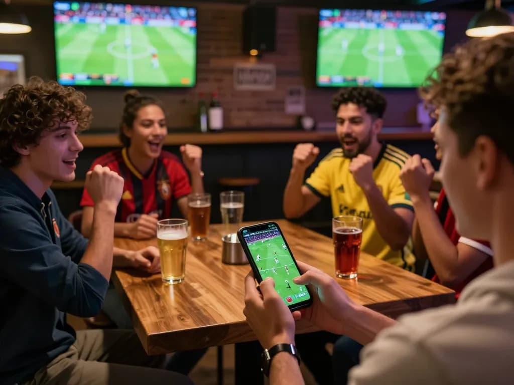 Engaging sports betting scene where a user checks kèo nhà cái 5 on a mobile phone amidst an excited crowd