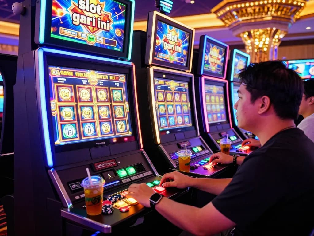 Player enjoying high-stakes gaming at a vibrant casino station, with slot gacor hari ini symbols on the screen, neon lights, and casino elements.