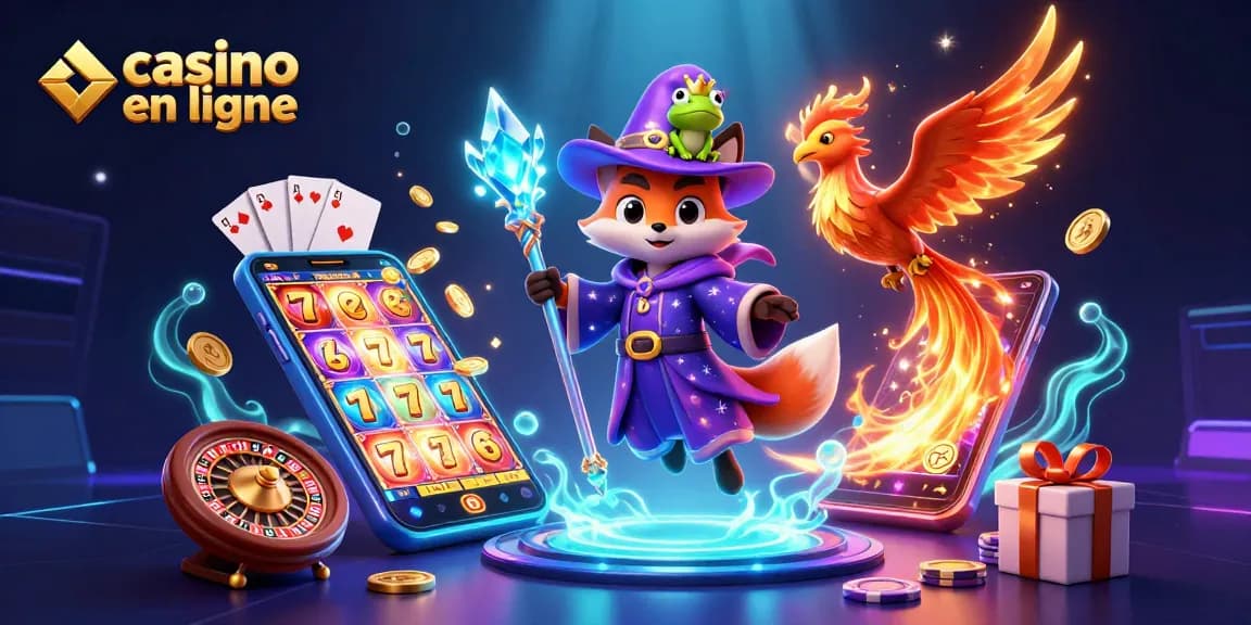 Jouez aux meilleurs jeux de casino en ligne avec une illustration captivante d'un renard sorcier flottant.