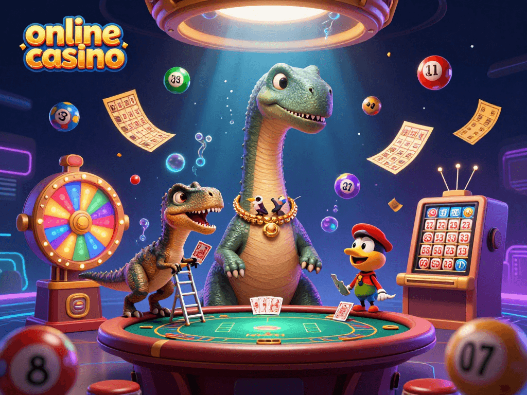 Experience the excitement of an online casino with a vibrant 3D scene featuring a brontosaurus and raptor.