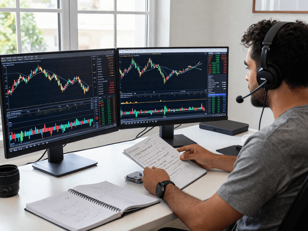 TradingView 多屏幕分析的交易工作空间，展示实时市场趋势和指标，充满专业氛围。