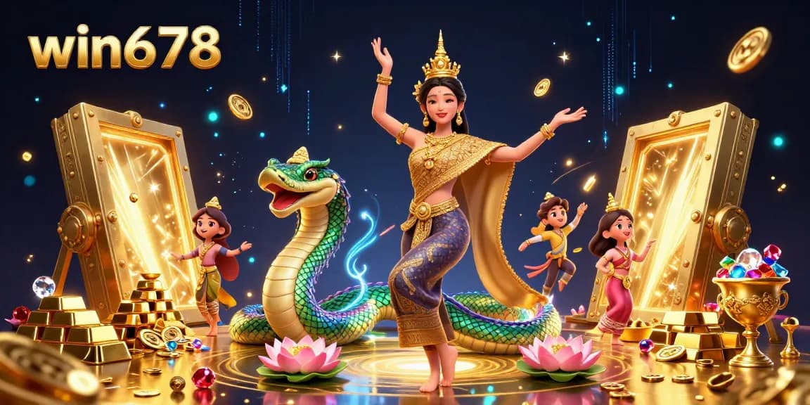 Experience winning strategies with win678 in a vibrant 3D casino illustration featuring gold, jewels, and lively characters.
