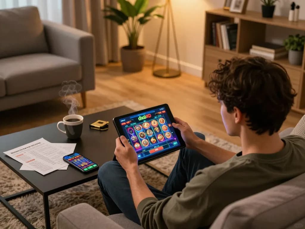 Bermain game slot dasi4d yang stylish di tablet, menikmati suasana bermain di rumah yang nyaman.