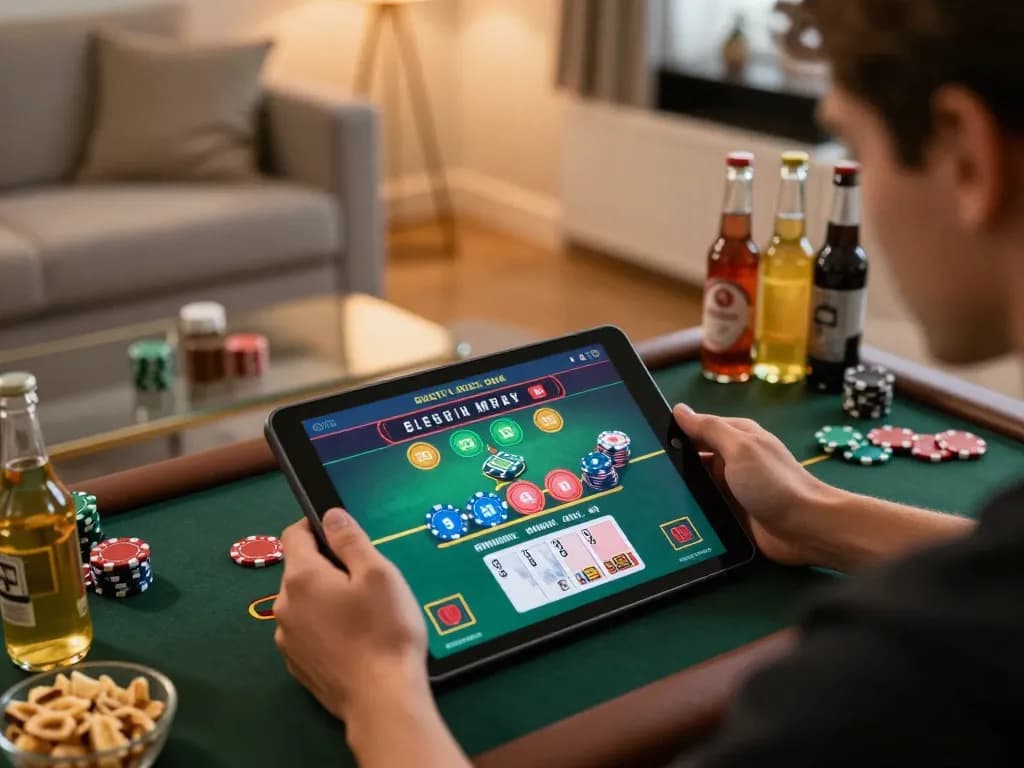 KQBD player engaging with live dealer game on tablet at home with snacks and cozy ambiance