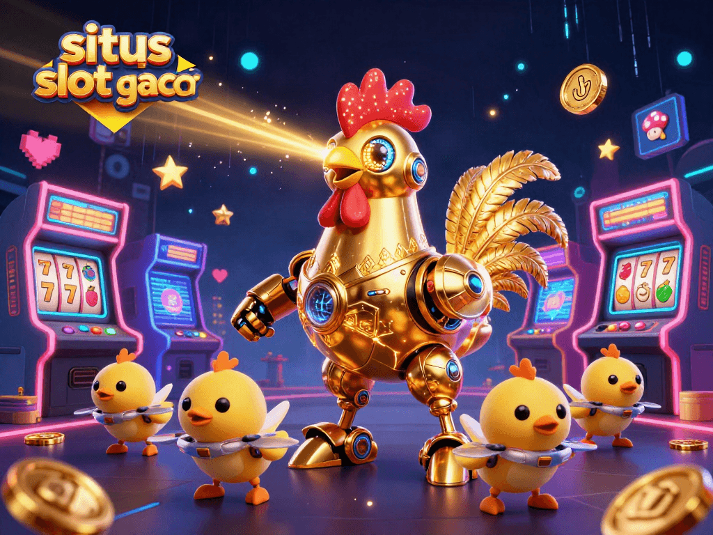 Engage with situs slot gacor featuring a golden rooster robot and baby chick drones amid vibrant casino slot elements.
