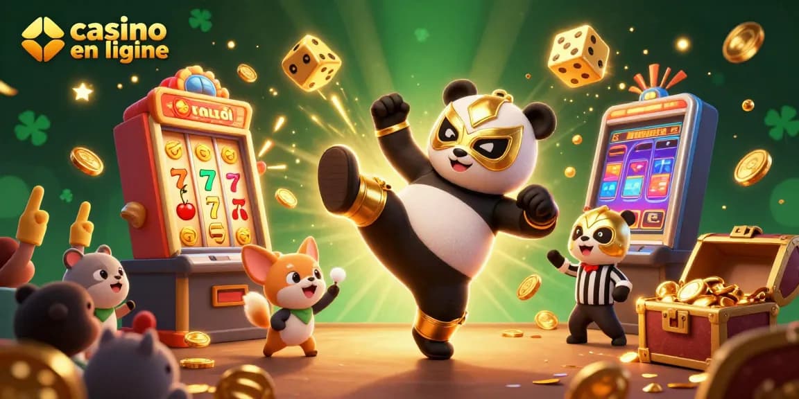Profitez des jeux de casino en ligne animés avec un panda lutteur et un chihuahua arbitre.