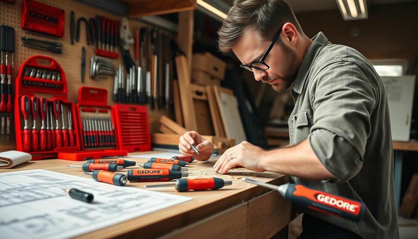 Carpenters using Gedore tools to assemble intricate furniture with precision.