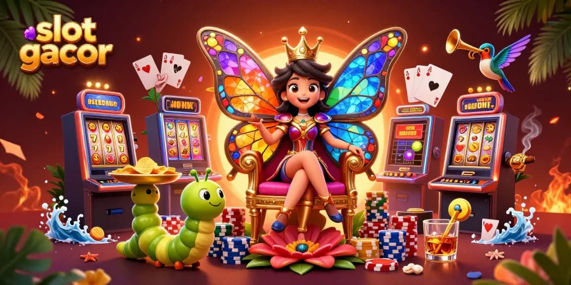 Engage with slot gacor games featuring vibrant characters and casino elements in a dynamic illustration.