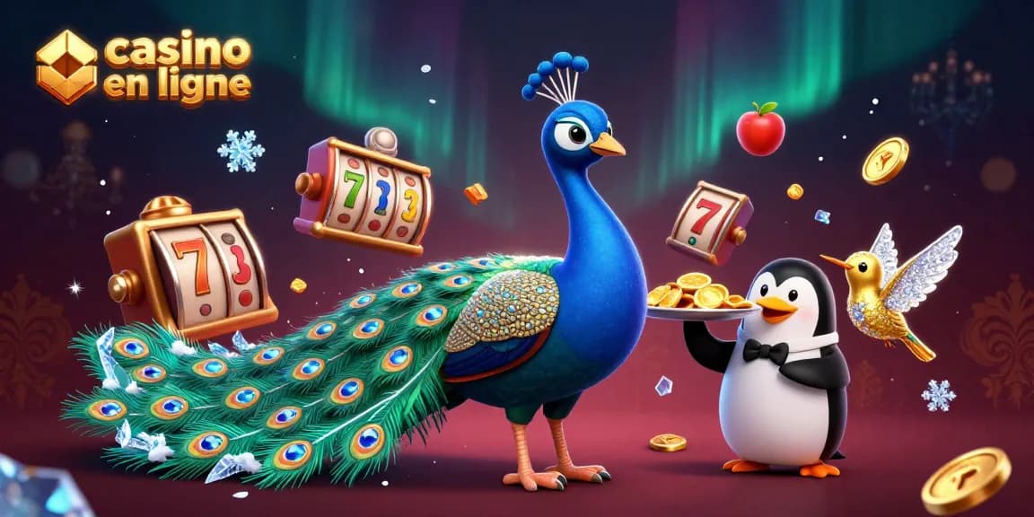 Jouez aux machines à sous dans un casino en ligne avec un paon aristocratique et un pingouin serveur.