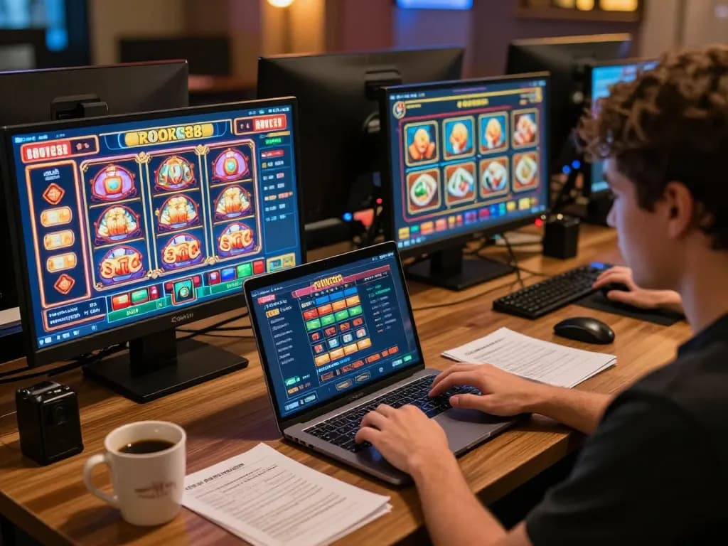Player engaging with rokok88 slots on multiple screens, showcasing strategic online gambling.