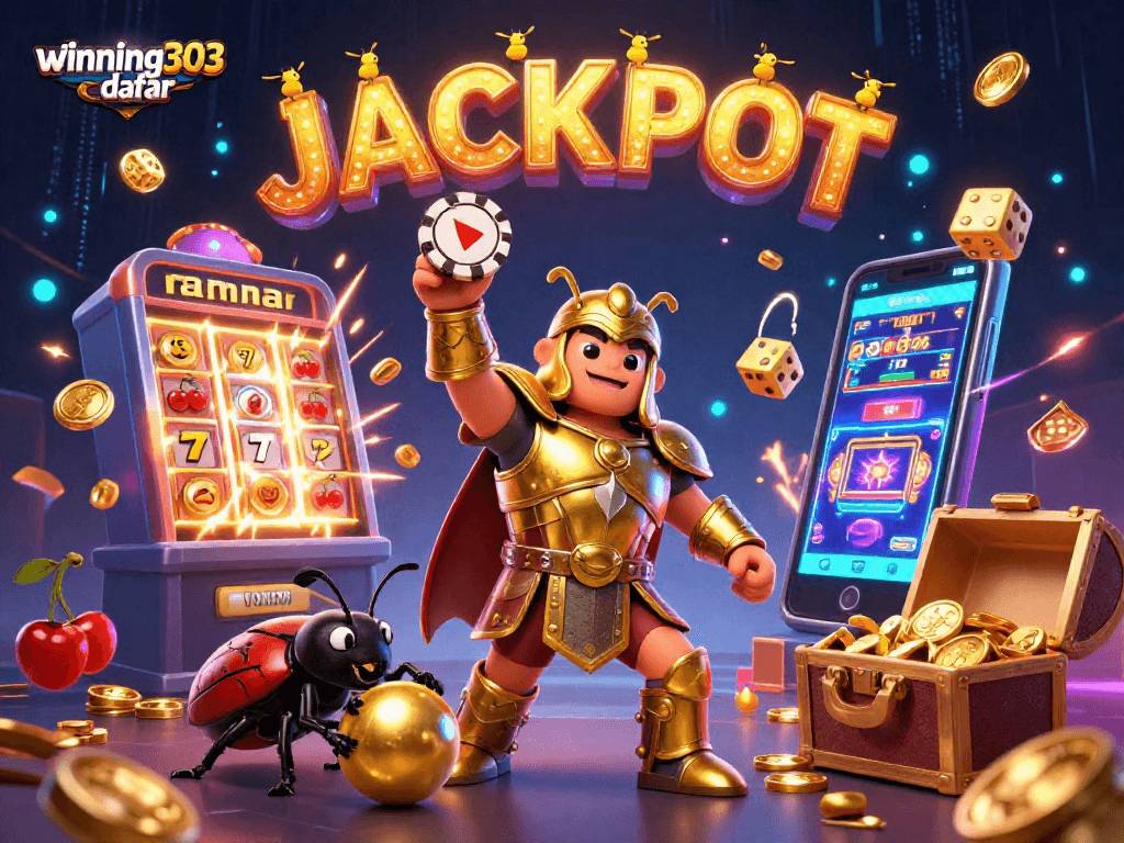 Join the excitement with winning303 daftar, featuring vibrant 3D characters celebrating a massive casino jackpot.