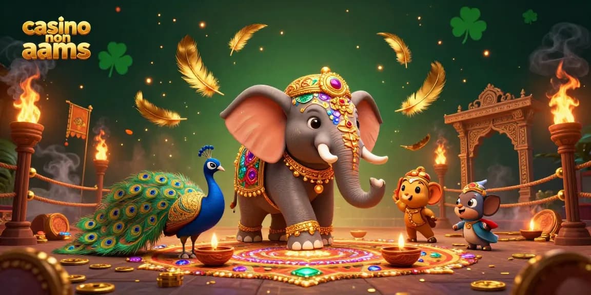 Giocatori esperti in un casino non AAMS interagiscono con un elefante decorato e un pavone, circondati da elementi dorati e atmosfere vivaci.