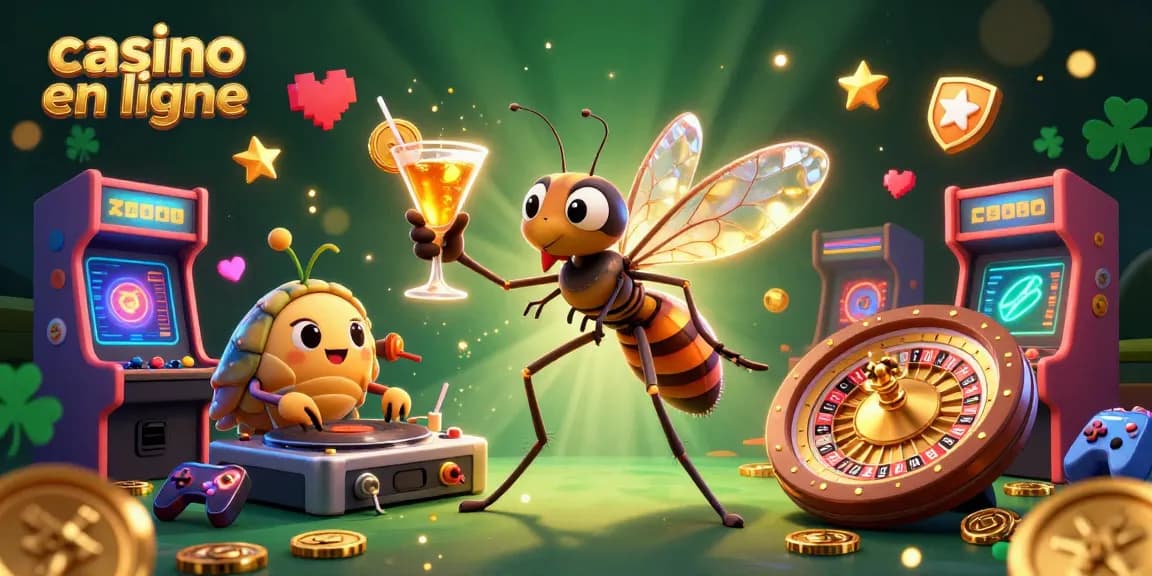 Visualisez des jeux captivants de casino en ligne avec un personnage amusant et des éléments vintage.