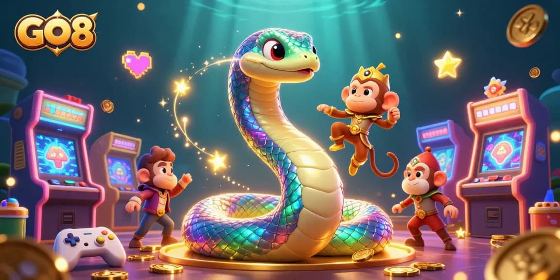 Experience the vibrant gaming energy at GO8 with 3D characters and casino-themed elements in this stunning illustration.