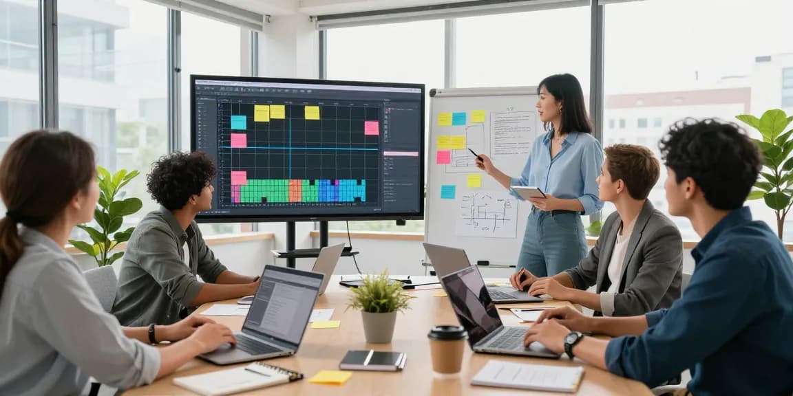 Team brainstorming on a digital mixboard in a vibrant office environment.